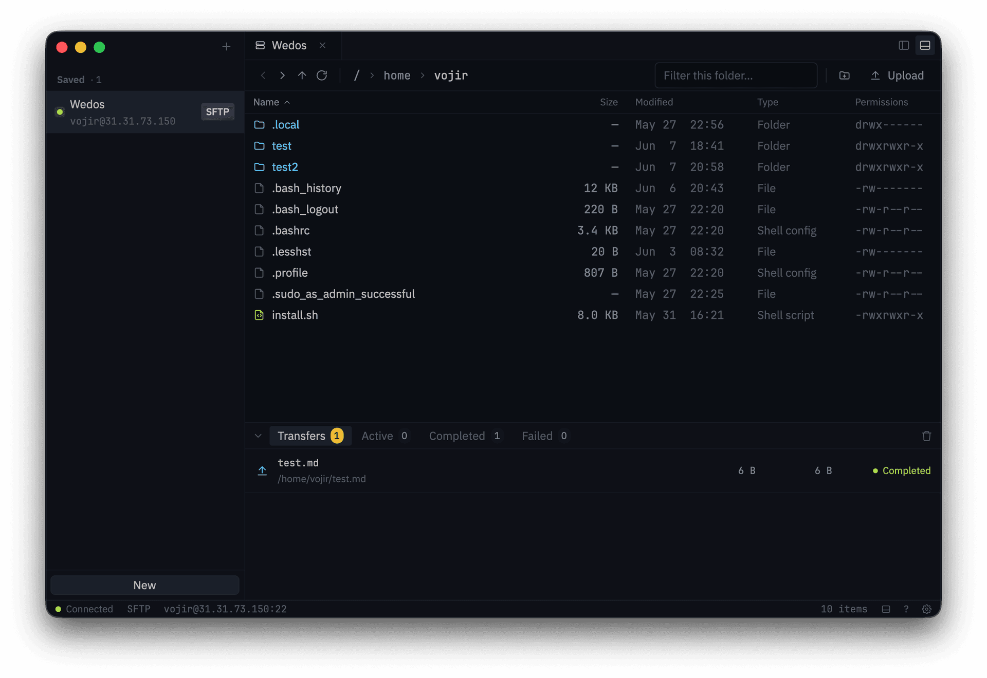 Nyx browsing a remote directory over SFTP with three active uploads in the transfer queue